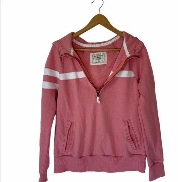 Abercrombie & Fitch | Half Zip Collared Preppy Hoodie Sweatshirt | Pink | Medium - Picture 1 of 7